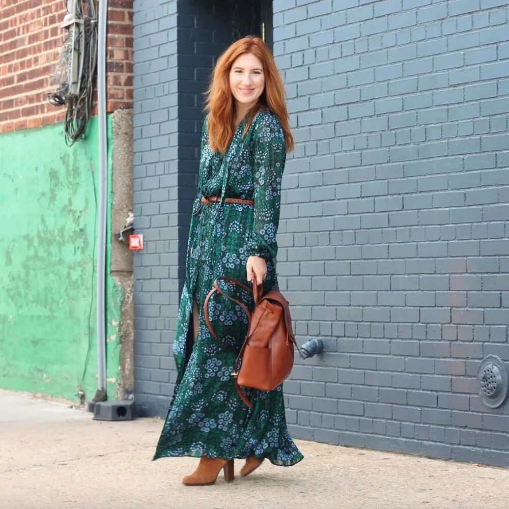 Banana Republic Olivia Palermo Green & Blue Floral Neck-Tie Maxi Shirtdress S - Picture 3 of 8